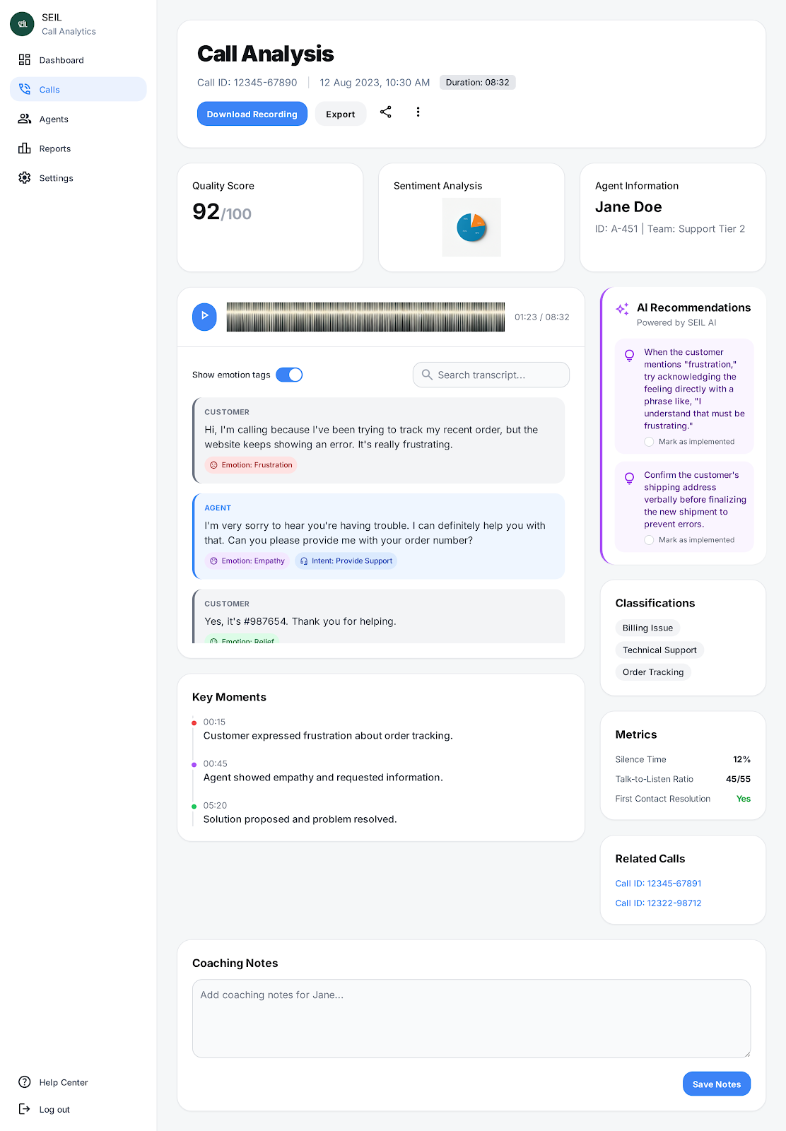 Vista detallada de analisis de llamada individual